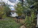 Detached garage and backyard with overgrown landscaping at 3953 English Ave, Indianapolis, IN 46201