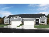 Gray three-car garage home with stone accents and landscaping at 1633 Clover Crossing Dr, Greenfield, IN 46140