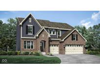 Two-story brick and blue-sided home with a three-car garage and landscaping at 577 Waterford Ln, Westfield, IN 46074