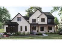 Two-story home with stone and dark trim, featuring a large front porch and landscaping at 8053 Easton Ln, Zionsville, IN 46077