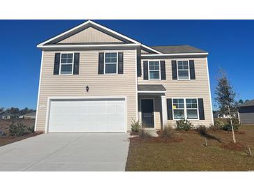 Two-story house with beige siding, white garage door, and landscaping at 538 Strawberry Field Way, Galivants Ferry, SC 29544