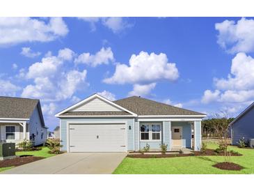 Light blue house with white garage door and landscaping at 3050 Deerberry Place, Longs, SC 29568