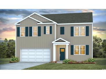 Two story house with neutral siding, dark green accents, and a two car garage at 724 Wallace Dr., Little River, SC 29566