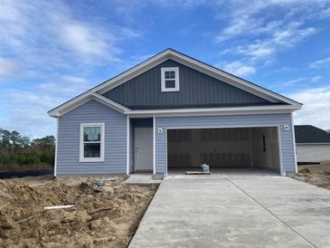 Newly constructed home with gray and blue siding, a two-car garage, and a concrete driveway at 405 White Willow Way, Longs, SC 29568