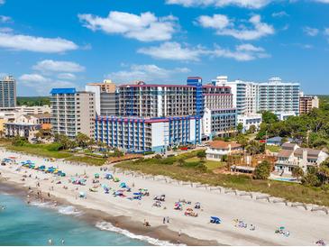 Aerial view of oceanfront hotel and beach at 201 77Th Ave. N # 923, Myrtle Beach, SC 29572