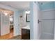 Small bathroom with shower and vanity at 1418 S Ocean Blvd., North Myrtle Beach, SC 29582