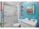 Clean bathroom with walk-in shower and colorful accents at 6001 - Mh197 South Kings Hwy., Myrtle Beach, SC 29575