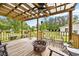 Spacious deck with fire pit, pergola, and wooded backdrop at 129 Meadowview Rd., Marion, SC 29571