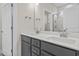 Double vanity bathroom with gray cabinets and quartz countertop at 614 Castle Ct., Myrtle Beach, SC 29579