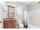 Clean bathroom with single vanity, shower/tub combo and updated fixtures at 181 Palmetto Harbour Dr., North Myrtle Beach, SC 29582