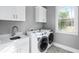 Laundry room with white cabinets, quartz countertop, and new washer/dryer at 1847 Woodstork Dr., Conway, SC 29526