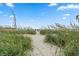 Sandy pathway leads to the beach with ocean views and beach umbrellas at 1200 N Ocean Blvd. # 1002, Myrtle Beach, SC 29577