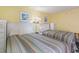 Bedroom with two twin beds, white bedding and striped comforter at 2701 South Ocean Blvd. # 710, North Myrtle Beach, SC 29582