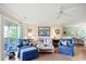 Living room with blue armchairs, sofa, and view into dining area at 194 South Cove Pl. # D, Pawleys Island, SC 29585
