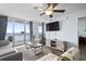 Ocean view living room, comfy seating, and large TV at 1321 S Ocean Blvd. # 606, North Myrtle Beach, SC 29582
