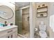 Bathroom with walk-in shower and modern vanity at 5601 N Ocean Blvd. # 315-C, Myrtle Beach, SC 29577