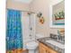 Bathroom with granite countertop, shower/tub combo and playful decor at 6001-1889 S Kings Hwy., Myrtle Beach, SC 29575