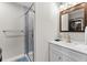 Updated bathroom with a walk-in shower and modern vanity at 6001 - 1864A S Kings Hwy., Myrtle Beach, SC 29575