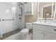 Updated bathroom with a walk-in shower and modern vanity at 5905 S Kings Highway # 219-B, Myrtle Beach, SC 29575