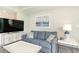 Living room with sofa, coffee table and large TV at 107 S Ocean Blvd. # 1908, Myrtle Beach, SC 29577