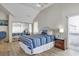 Bedroom with a striped comforter and mirrored closet at 6001 S Kings Hwy., Myrtle Beach, SC 29575