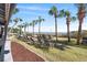 Beachfront lawn with lounge chairs and palm trees at 7100 N Ocean Blvd. # 913, Myrtle Beach, SC 29572