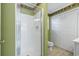 Clean bathroom with shower, toilet, and built-in shelving at 6001 - 1870 S Kings Hwy., Myrtle Beach, SC 29575