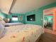 Bedroom with two twin beds, a TV, and teal walls at 7100 Ocean Blvd. N # 919, Myrtle Beach, SC 29572