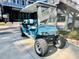 Teal golf cart with white seats parked in driveway at 6001 - 1781 S Kings Hwy., Myrtle Beach, SC 29575