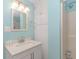 Bathroom with a white vanity, a mirror, and a shower at 6001-1157 S Kings Hwy., Myrtle Beach, SC 29575