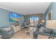 Living room features comfortable seating and a large TV at 7100 N Ocean Blvd. # 218, Myrtle Beach, SC 29572