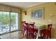 Small dining area with red chairs and white table, near sliding glass doors at 101 Georges Bay Rd., Surfside Beach, SC 29575