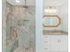 Walk-in shower with marble tile and bench at 6001 - 8016 S Kings Hwy., Myrtle Beach, SC 29575