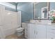 Modern bathroom with white vanity, shower, and marble countertop at 338 Harbour View Dr., Myrtle Beach, SC 29579