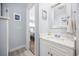 Clean bathroom with a white vanity and shower at 209 North Hillside Dr. # 201, North Myrtle Beach, SC 29582