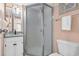 Clean bathroom with shower, granite vanity, and white cabinet at 5910 N Ocean Blvd. # 504, North Myrtle Beach, SC 29582