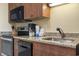 Close-up of kitchen counter with stainless steel sink and black appliances at 2100 North Ocean Blvd. # 923, North Myrtle Beach, SC 29582
