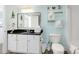 Bathroom with white vanity, dark granite countertop, and light blue walls at 2801 S Ocean Blvd. # 1237, North Myrtle Beach, SC 29582
