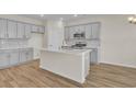 Modern kitchen with gray cabinets and a white quartz island at 3009 Deerberry Place, Longs, SC 29568