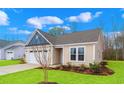 Tan house with blue accents, white garage door, and landscaped lawn at 512 Sheepbridge Way, Loris, SC 29569