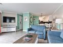 Living room features a TV, sofas, and open layout to kitchen at 2805 N Ocean Blvd. # 301, Myrtle Beach, SC 29577
