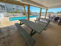 Community pool with picnic tables under covered patio at 4305 S Ocean Blvd. # 106, North Myrtle Beach, SC 29582