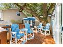 Deck features blue chairs and table under a large tree at 6001 - 1864A S Kings Hwy., Myrtle Beach, SC 29575