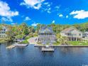 Aerial view showcasing a luxurious waterfront home with a pool and private dock at 3815 Ed Smith Ave., Myrtle Beach, SC 29588