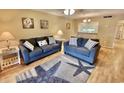 Living room with blue couches and starfish rug at 410 Melrose Pl. # 203, Myrtle Beach, SC 29572