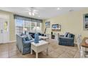 Living room with blue sofas and access to patio at 912-B S Ocean Blvd., Surfside Beach, SC 29575