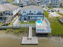 Elevated view of canal-front home with private pool and dock at 333 54Th Ave. N, North Myrtle Beach, SC 29582