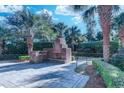 Outdoor brick fireplace with a paved patio, surrounded by palm trees and greenery at 604 Stableford Ct., Myrtle Beach, SC 29577