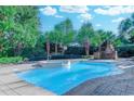 Inviting backyard oasis featuring a sparkling pool with a hot tub, fireplace, and lush landscaping at 604 Stableford Ct., Myrtle Beach, SC 29577
