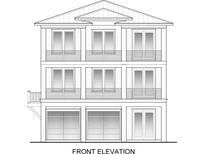 Architectural drawing showcasing a three-story home's front elevation at 13 Dare St., Ocean Isle Beach, NC 28469
